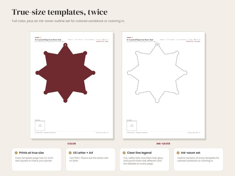 Puede incluir: Dos plantillas imprimibles para un adorno en forma de estrella. El lado izquierdo muestra una estrella s&oacute;lida de color rojo oscuro, mientras que el derecho muestra un contorno negro de la misma estrella. Incluye el texto True-size templates, twice.