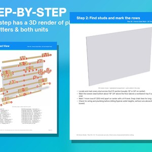 Puede incluir: Un documento de instrucciones digital titulado STEP-BY-STEP que muestra una vista explosionada de un sistema de pared con listones franceses con piezas etiquetadas y una segunda p&aacute;gina que detalla el paso 2 para marcar montantes.