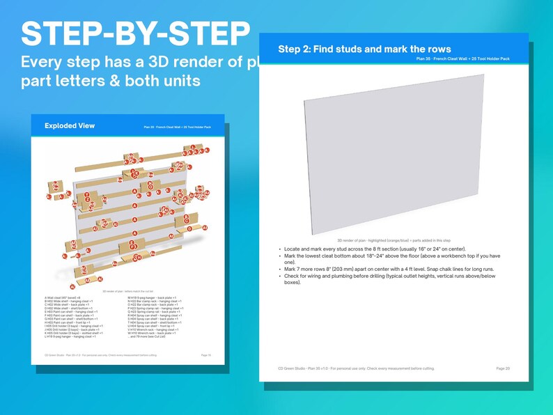 Puede incluir: Un documento de instrucciones digital titulado STEP-BY-STEP que muestra una vista explosionada de un sistema de pared con listones franceses con piezas etiquetadas y una segunda p&aacute;gina que detalla el paso 2 para marcar montantes.
