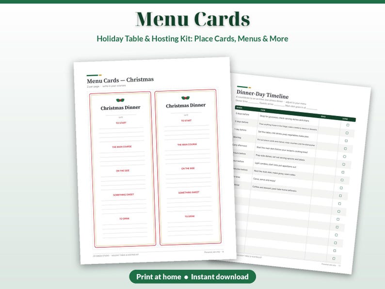 May include: Two printable sheets featuring Menu Cards and a Dinner-Day Timeline. The menu cards have red borders and sections for courses. The timeline is a checklist for holiday hosting tasks with headers for time, task, who, and done.