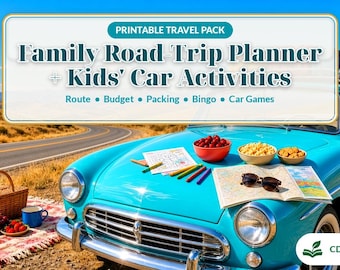 Reisplanner voor het hele gezin met de auto en activiteitenpakket voor kinderen – printbaar PDF-bestand