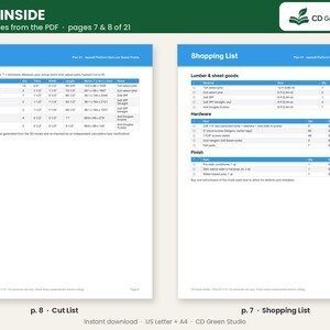 May include: Two digital document pages titled Look Inside, showing a Cut List and a Shopping List for a platform bed project. The pages feature blue headers, white backgrounds, and tables detailing lumber, hardware, and finish requirements.