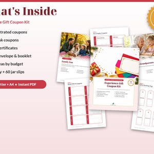 Puede incluir: Un kit de cupones de regalo Experience Gift Coupon Kit con 40 p&aacute;ginas de materiales imprimibles que incluyen 64 cupones ilustrados, 16 cupones en blanco, 7 certificados de regalo, etiquetas, sobre, folleto, 100 ideas y 60 notas.