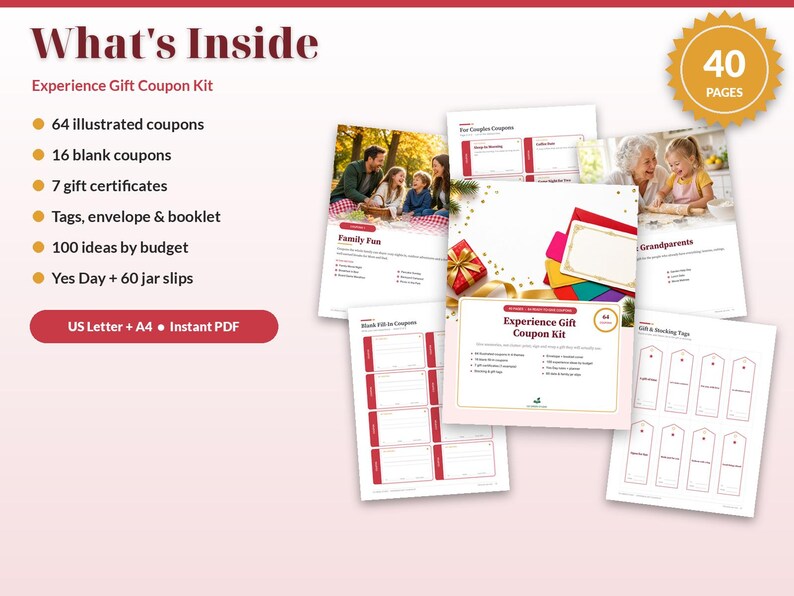 Puede incluir: Un kit de cupones de regalo Experience Gift Coupon Kit con 40 p&aacute;ginas de materiales imprimibles que incluyen 64 cupones ilustrados, 16 cupones en blanco, 7 certificados de regalo, etiquetas, sobre, folleto, 100 ideas y 60 notas.