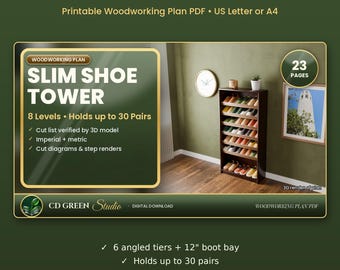 Printable Slim Shoe Tower Plans, 8-Level Shoe Rack Woodworking Plan PDF, Holds 30 Pairs, Angled Shelves, Entryway DIY, US Letter or A4