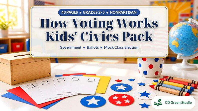 May include: A 43-page nonpartisan kids' civics pack titled How Voting Works, featuring government, ballots, and mock class election materials. Includes white ballot cards, red, white, and blue star cutouts, a wooden box, and crayons.