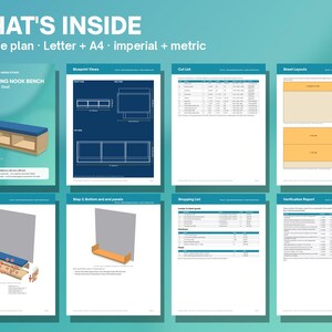 May include: A 24-page digital plan for a cabin reading nook bench with a built-in window seat. The document includes blueprint views, a cut list, sheet layouts, an exploded view, assembly steps, a shopping list, and a verification report.