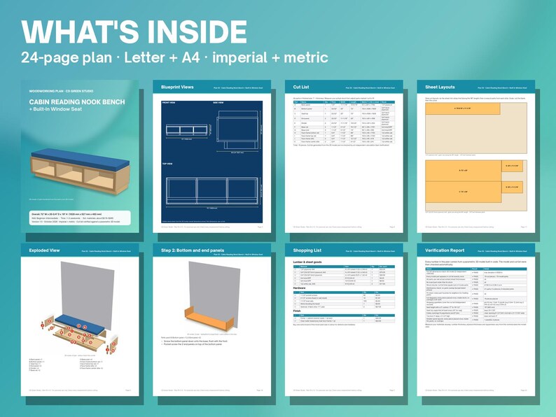 May include: A 24-page digital plan for a cabin reading nook bench with a built-in window seat. The document includes blueprint views, a cut list, sheet layouts, an exploded view, assembly steps, a shopping list, and a verification report.