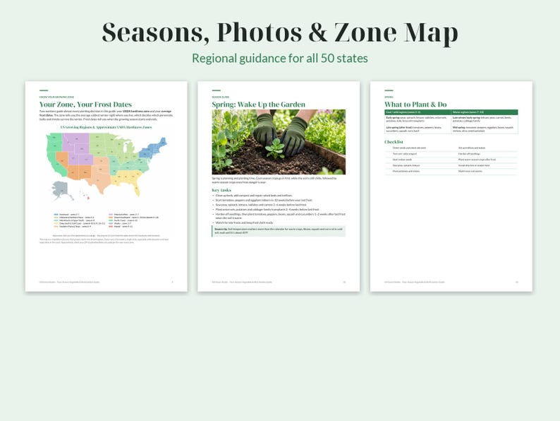 Op de afbeelding: Een tuingids van drie pagina's getiteld Seasons, Photos & Zone Map. De pagina's bevatten een kaart van Amerikaanse hardheidszones, een foto van handen die in aarde planten en een checklist getiteld What to Plant & Do met tuintaken.