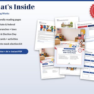 May include: A 43-page educational civics pack titled How Voting Works Kids' Civics Pack. The document includes reading pages, information on local, state, and federal government, three branches of government, laws, ballots, election day, vocabulary cards, and a mock election kit.