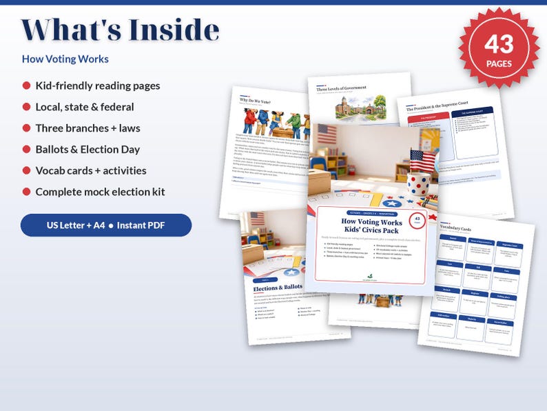 May include: A 43-page educational civics pack titled How Voting Works Kids' Civics Pack. The document includes reading pages, information on local, state, and federal government, three branches of government, laws, ballots, election day, vocabulary cards, and a mock election kit.