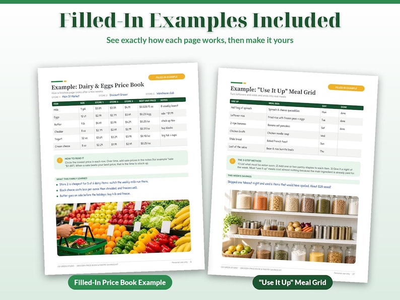 May include: Two printed pages titled Filled-In Examples Included. The left page shows a Dairy & Eggs Price Book table with grocery items and prices. The right page displays a Use It Up Meal Grid with a list of ingredients and meals.