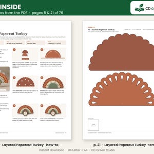 K&ouml;nnte beinhalten: Eine digitale Bastelanleitung mit dem Titel Layered Papercut Turkey von CD Green Studio. Das Dokument zeigt auf Seite 5 Anweisungen zum Zusammenbau eines Truthahns aus Tonkarton und Schaumstoffpunkten sowie auf Seite 21 die Vorlagen zum Ausschneiden.