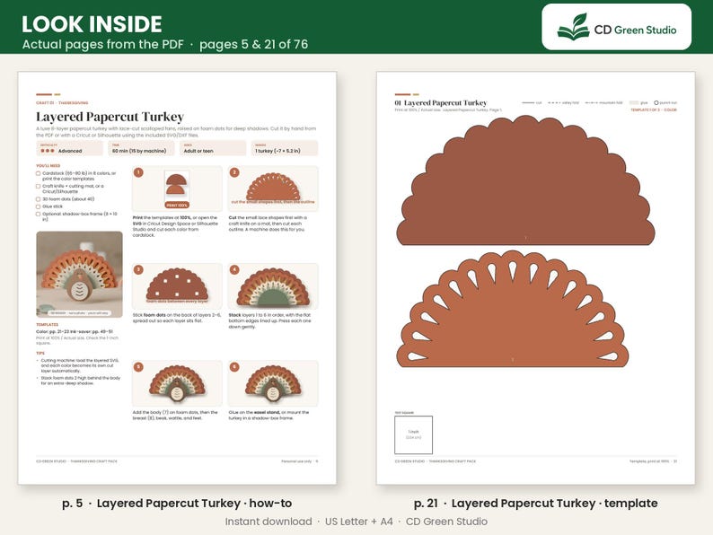K&ouml;nnte beinhalten: Eine digitale Bastelanleitung mit dem Titel Layered Papercut Turkey von CD Green Studio. Das Dokument zeigt auf Seite 5 Anweisungen zum Zusammenbau eines Truthahns aus Tonkarton und Schaumstoffpunkten sowie auf Seite 21 die Vorlagen zum Ausschneiden.
