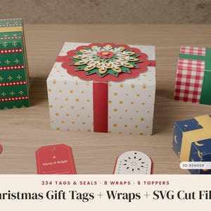 May include: A collection of gift boxes with various patterns including green with yellow stripes, white with gold stars, red and white gingham, and blue with moons. Includes paper tags and the text 234 TAGS & SEALS 8 WRAPS 6 TOPPERS Christmas Gift Tags + Wraps + SVG Cut Files.