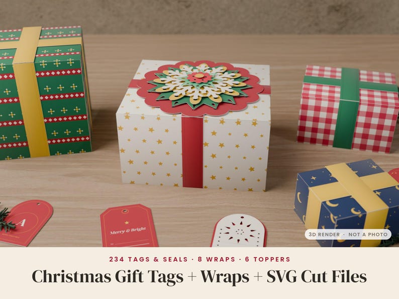 May include: A collection of gift boxes with various patterns including green with yellow stripes, white with gold stars, red and white gingham, and blue with moons. Includes paper tags and the text 234 TAGS & SEALS 8 WRAPS 6 TOPPERS Christmas Gift Tags + Wraps + SVG Cut Files.