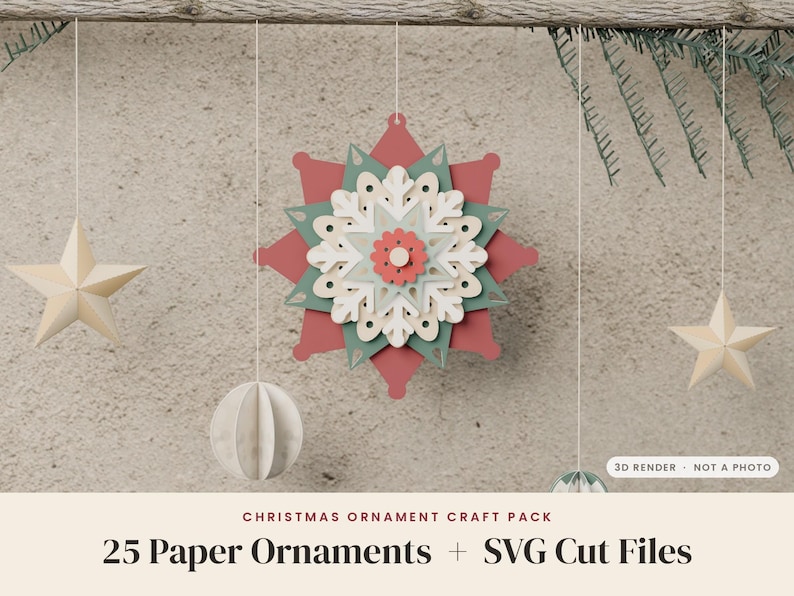 Puede incluir: Un adorno de copo de nieve de papel en capas rojo, verde y crema, flanqueado por dos estrellas de papel crema y un adorno esf&eacute;rico de papel. Texto: CHRISTMAS ORNAMENT CRAFT PACK 25 Paper Ornaments + SVG Cut Files 3D RENDER NOT A PHOTO.