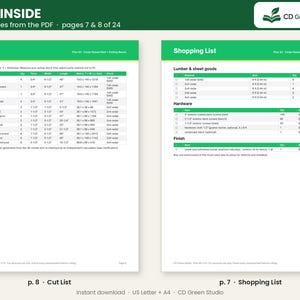 May include: A digital document preview showing pages 7 and 8 of a 24-page PDF plan for a cedar raised bed and potting bench. The left page displays a cut list table, while the right page features a shopping list for lumber and hardware.