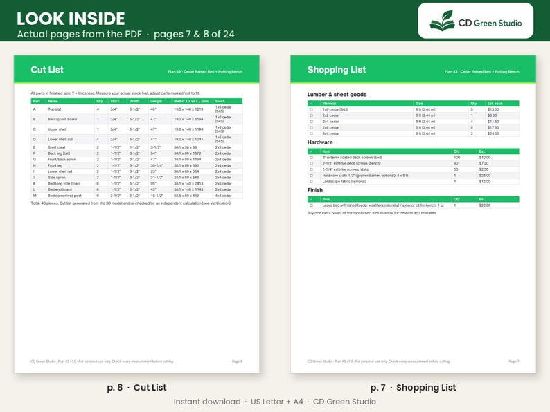 May include: A digital document preview showing pages 7 and 8 of a 24-page PDF plan for a cedar raised bed and potting bench. The left page displays a cut list table, while the right page features a shopping list for lumber and hardware.