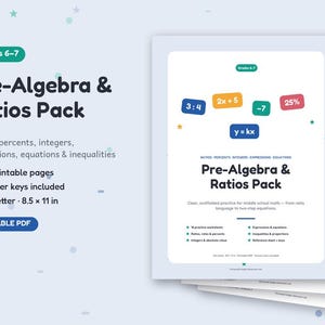 Op de afbeelding: Een printbaar PDF-pakket voor Pre-Algebra en verhoudingen met 24 pagina's aan wiskundeoefeningen over verhoudingen, percentages, gehele getallen, uitdrukkingen, vergelijkingen en ongelijkheden. Het document bevat antwoordsleutels.