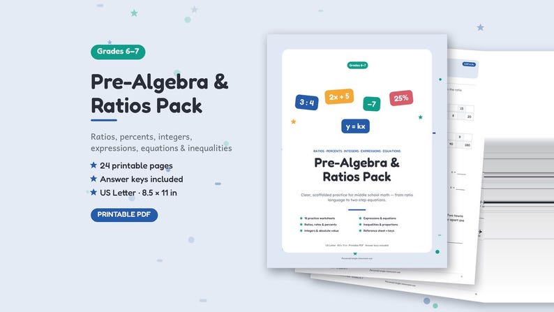 Op de afbeelding: Een printbaar PDF-pakket voor Pre-Algebra en verhoudingen met 24 pagina's aan wiskundeoefeningen over verhoudingen, percentages, gehele getallen, uitdrukkingen, vergelijkingen en ongelijkheden. Het document bevat antwoordsleutels.