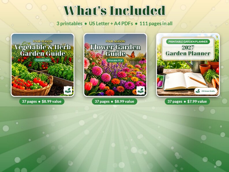 Pode incluir: Um pacote digital intitulado What's Included contendo tr&ecirc;s PDFs imprim&iacute;veis: um guia de horta e ervas, um guia de jardim de flores e um planejador de jardim 2027, totalizando 111 p&aacute;ginas nos formatos US Letter e A4.
