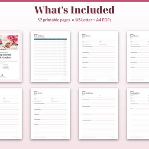 May include: A digital reading journal and book tracker set featuring 57 printable pages in US Letter and A4 formats. The collection includes templates for book wish lists, book reviews, book club notes, and reading stats with lined sections.
