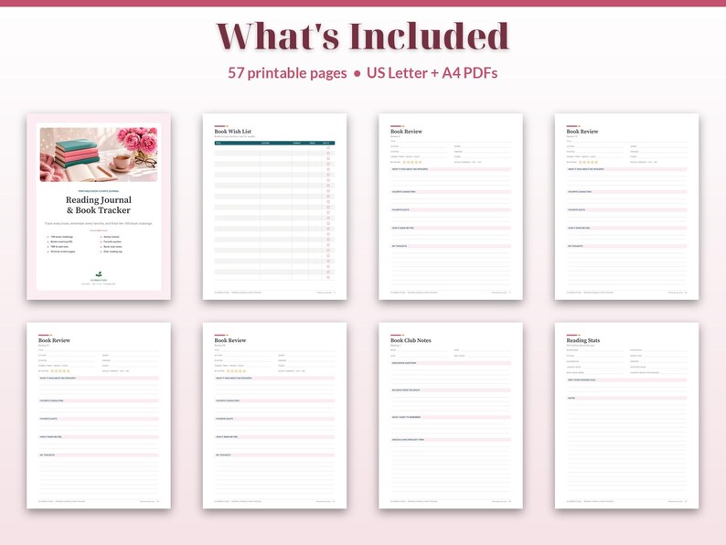 May include: A digital reading journal and book tracker set featuring 57 printable pages in US Letter and A4 formats. The collection includes templates for book wish lists, book reviews, book club notes, and reading stats with lined sections.