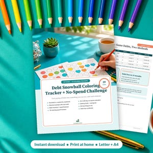 May include: A Debt Snowball Coloring Tracker and No-Spend Challenge printable document with 39 pages. The cover features text, bullet points, and a colorful heart-shaped grid. A second page shows debt payoff tables, charts, and financial goals.