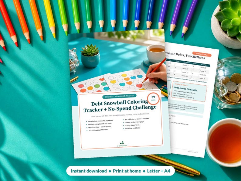 May include: A Debt Snowball Coloring Tracker and No-Spend Challenge printable document with 39 pages. The cover features text, bullet points, and a colorful heart-shaped grid. A second page shows debt payoff tables, charts, and financial goals.