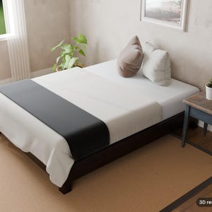 May include: A bed with a dark brown frame, white bedding, and a black runner. Two pillows, one brown and one white, rest at the head. A small wooden side table with a dark base stands nearby, holding a small potted plant. Text reads 3D render of plan.