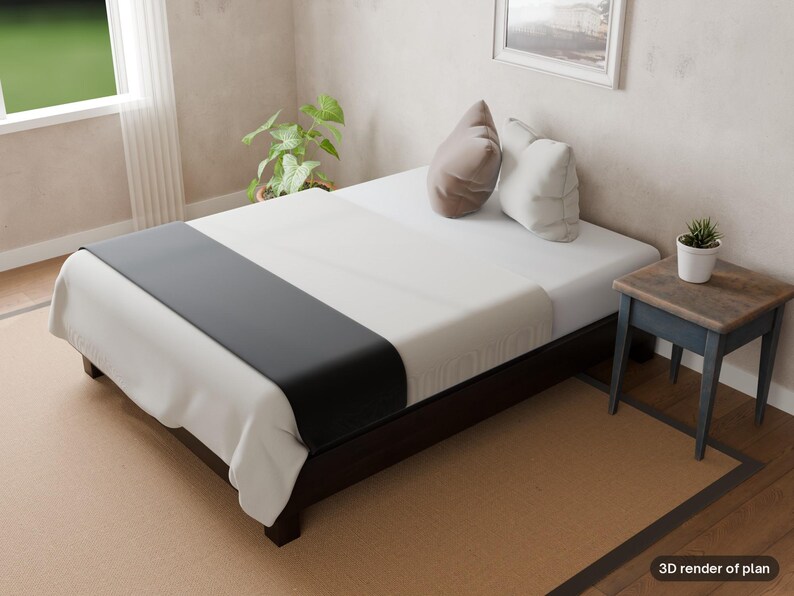 May include: A bed with a dark brown frame, white bedding, and a black runner. Two pillows, one brown and one white, rest at the head. A small wooden side table with a dark base stands nearby, holding a small potted plant. Text reads 3D render of plan.