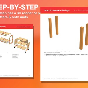 May include: A digital woodworking guide titled STEP-BY-STEP featuring an exploded view of a workbench and a detailed page for laminating legs. The document includes 3D renders, part labels, and instructions for building a rolling miter saw station.