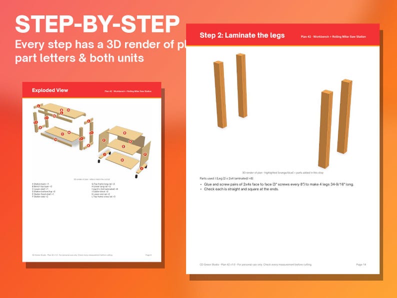 May include: A digital woodworking guide titled STEP-BY-STEP featuring an exploded view of a workbench and a detailed page for laminating legs. The document includes 3D renders, part labels, and instructions for building a rolling miter saw station.