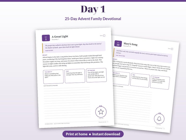 Puede incluir: Dos p&aacute;ginas de un devocional familiar de Adviento de 25 d&iacute;as. La p&aacute;gina izquierda se titula Day 1 A Great Light y la derecha Day 10 Mary's Song. Ambas p&aacute;ginas incluyen escrituras, textos de reflexi&oacute;n, preguntas de debate, secciones de oraci&oacute;n y l&iacute;neas.