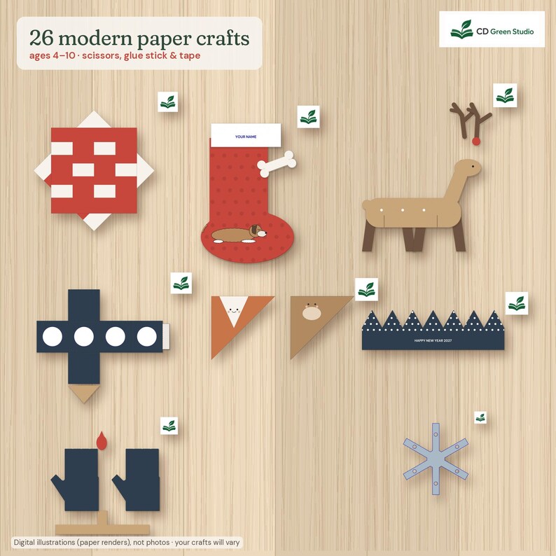 Kids Christmas Crafts Printable, 26 Modern Paper Crafts for Kids 4-10, Paper Village, Hanukkah & New Year, Scandi Holiday Activity image 4