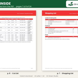 May include: A digital document preview showing pages 7 and 8 of a woodworking plan. The left page displays a Cut List with columns for part, quantity, thickness, width, length, and stock. The right page shows a Shopping List for lumber, hardware, and finish.