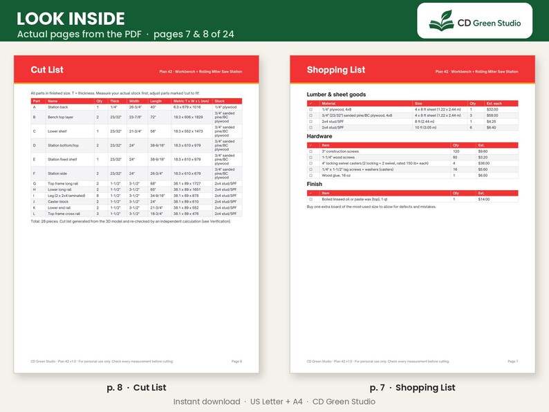 May include: A digital document preview showing pages 7 and 8 of a woodworking plan. The left page displays a Cut List with columns for part, quantity, thickness, width, length, and stock. The right page shows a Shopping List for lumber, hardware, and finish.