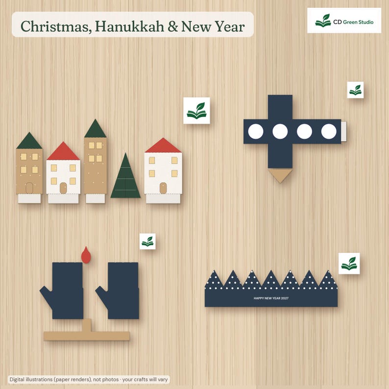 Kids Christmas Crafts Printable, 26 Modern Paper Crafts for Kids 4-10, Paper Village, Hanukkah & New Year, Scandi Holiday Activity image 8