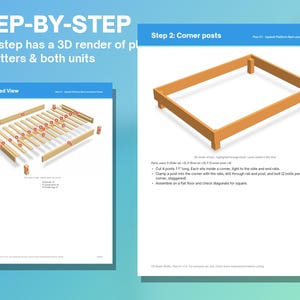 May include: A digital instructional document for a Japanese platform bed frame. The pages feature an exploded view diagram, a 3D render of corner posts, and text including 'STEP-BY-STEP', 'Exploded View', and 'Step 2: Corner posts'.