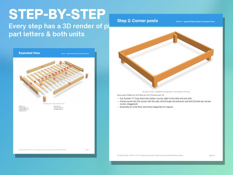 May include: A digital instructional document for a Japanese platform bed frame. The pages feature an exploded view diagram, a 3D render of corner posts, and text including 'STEP-BY-STEP', 'Exploded View', and 'Step 2: Corner posts'.