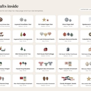 Puede incluir: Una cuadr&iacute;cula de 25 iconos de proyectos de manualidades titulada 25 crafts inside, con ilustraciones de adornos festivos como estrellas de papel, bolas, casas y animales, cada uno con nombre, nivel y tiempo.