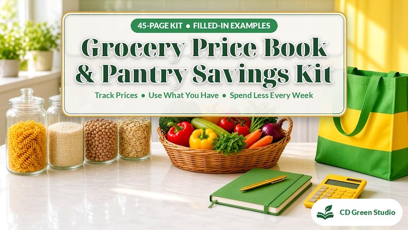 May include: A 45-page Grocery Price Book & Pantry Savings Kit with text reading Track Prices, Use What You Have, Spend Less Every Week. Includes glass jars of dry goods, a basket of fresh vegetables, a green notebook, and a yellow calculator.