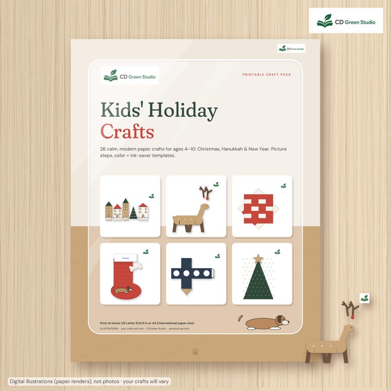 Kids Christmas Crafts Printable, 26 Modern Paper Crafts for Kids 4-10, Paper Village, Hanukkah & New Year, Scandi Holiday Activity image 1