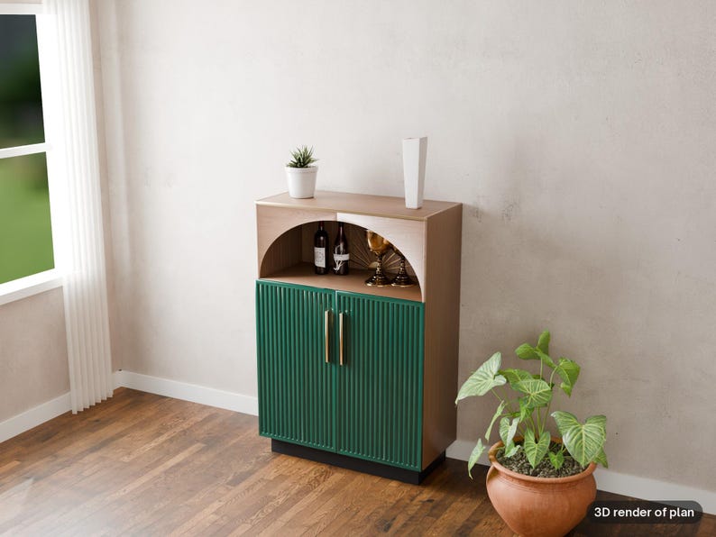 May include: A wooden cabinet featuring a light brown frame, two dark green fluted doors with vertical gold handles, and an open arched upper shelf containing two wine bottles and two gold-rimmed glasses. The text 3D render of plan is visible.