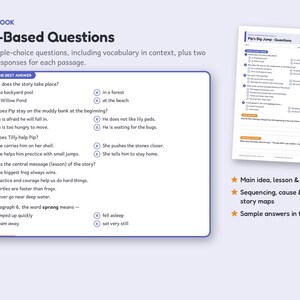 Puede incluir: Una hoja de trabajo educativa blanca titulada Pip's Big Jump que presenta cinco preguntas de opci&oacute;n m&uacute;ltiple sobre una historia, vocabulario en contexto y dos secciones de respuestas escritas. Incluye un encabezado y preguntas numeradas.