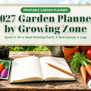 May include: A printable 2027 garden planner by Growing Zone with text reading 2027 Garden Planner by Growing Zone, Zones 3-10, Seed-Starting Charts, Bed Layouts, Logs, and CD Green Studio. Includes an open notebook, pencil, and vegetables.