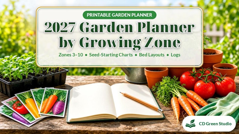 May include: A printable 2027 garden planner by Growing Zone with text reading 2027 Garden Planner by Growing Zone, Zones 3-10, Seed-Starting Charts, Bed Layouts, Logs, and CD Green Studio. Includes an open notebook, pencil, and vegetables.