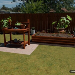May include: A wooden potting bench with a lower shelf and a raised back panel, positioned next to a rectangular wooden raised garden bed. The scene includes various potted plants and a small watering can. Text reads 3D render of plan.