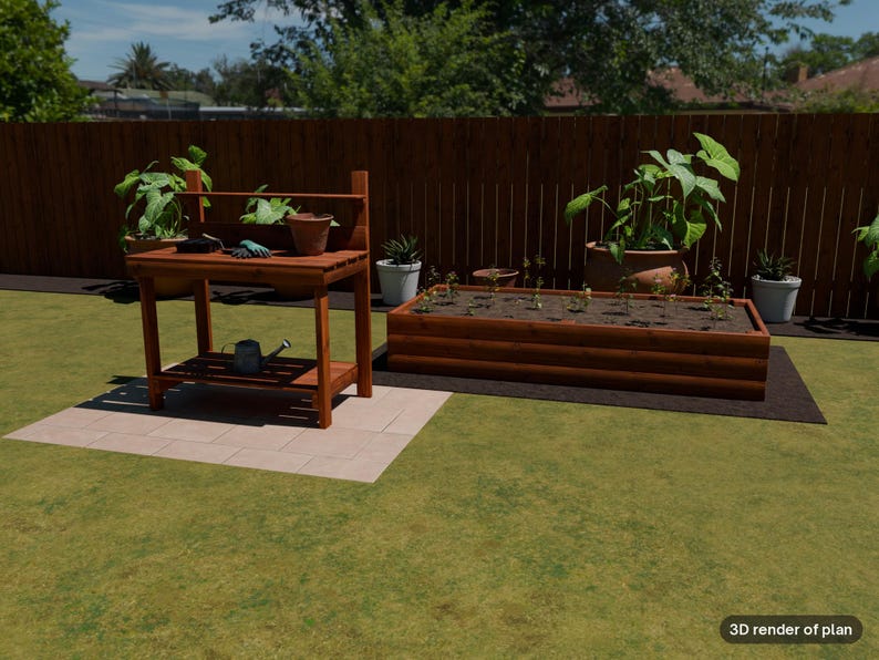 May include: A wooden potting bench with a lower shelf and a raised back panel, positioned next to a rectangular wooden raised garden bed. The scene includes various potted plants and a small watering can. Text reads 3D render of plan.